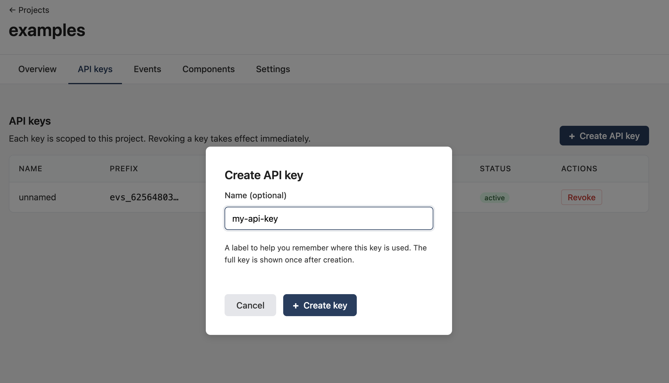 Create API key dialog