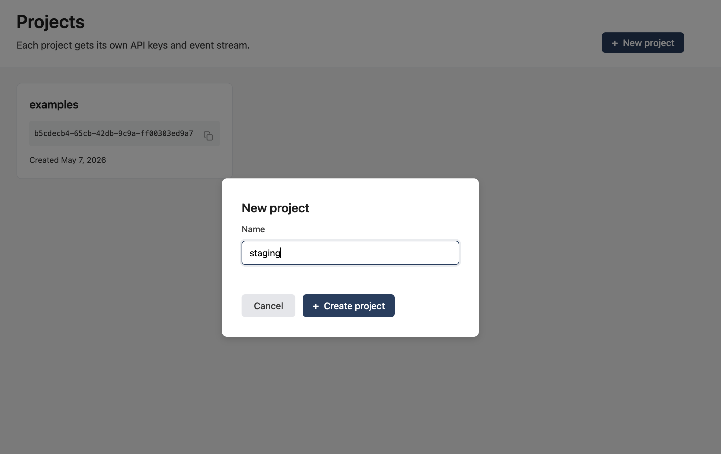 New project dialog