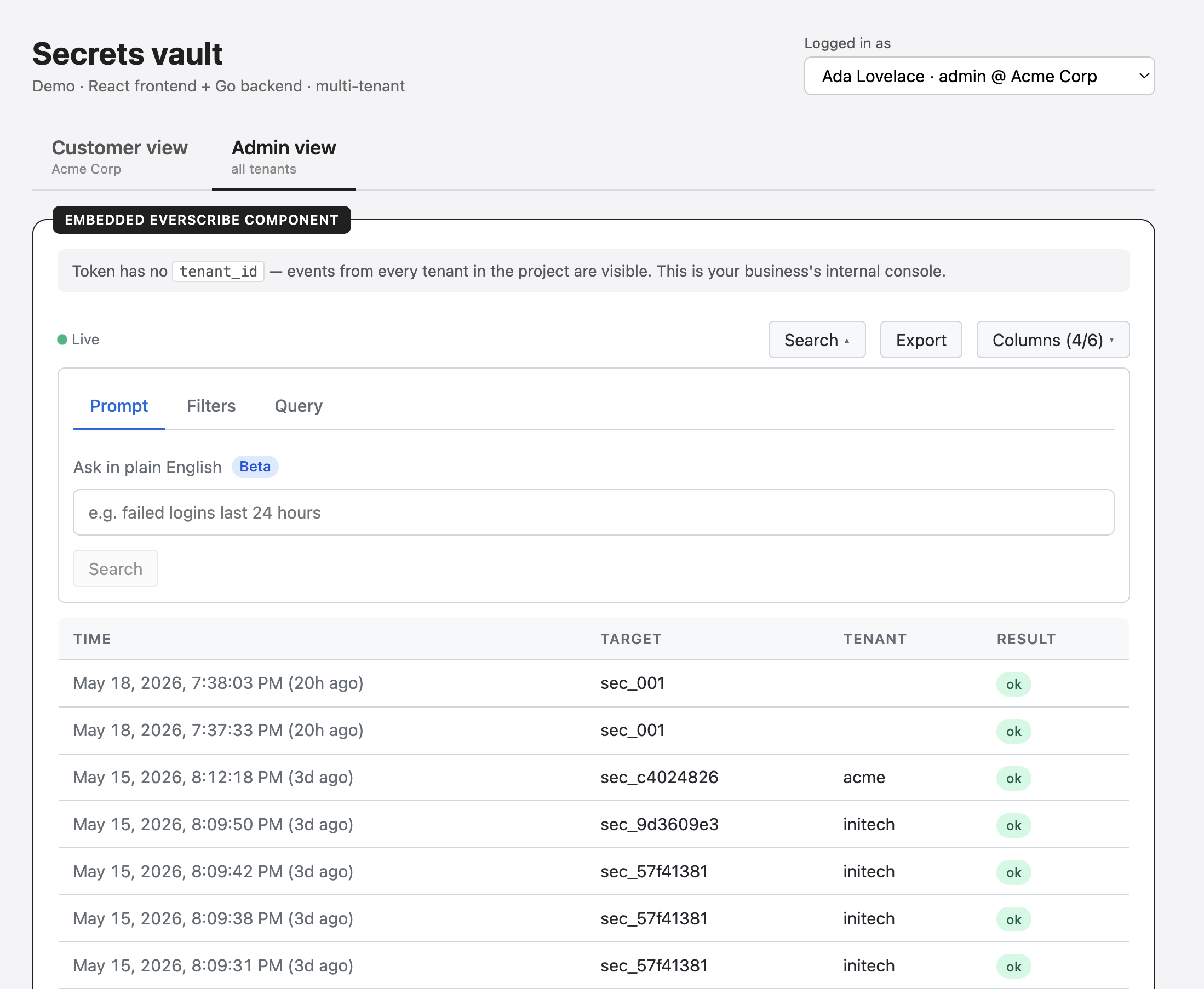 Embedded Everscribe activity log