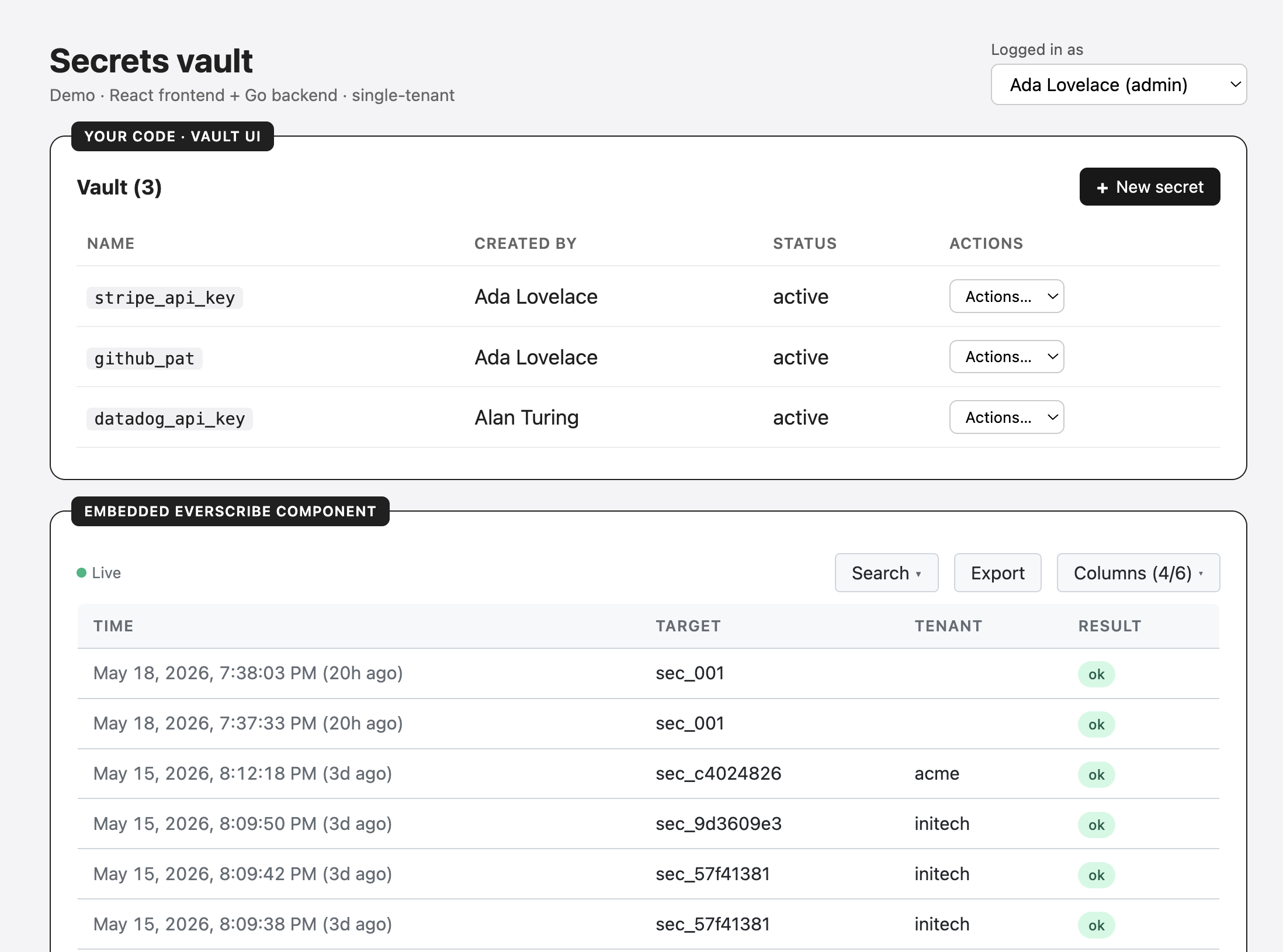 Secrets vault demo, single-tenant variant. Vault UI on top, embedded Everscribe component below showing project-wide events