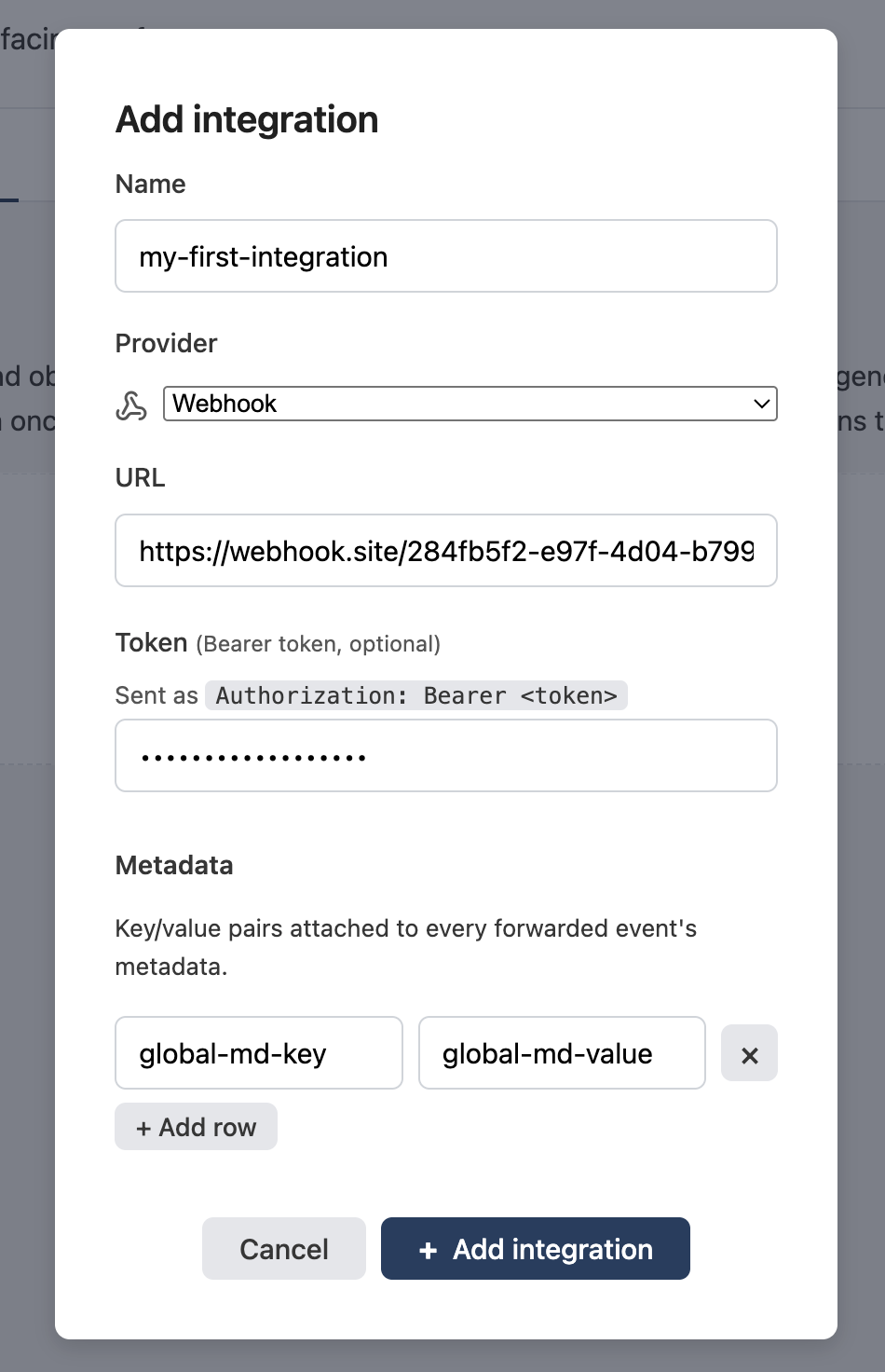Add integration modal configured for a webhook
