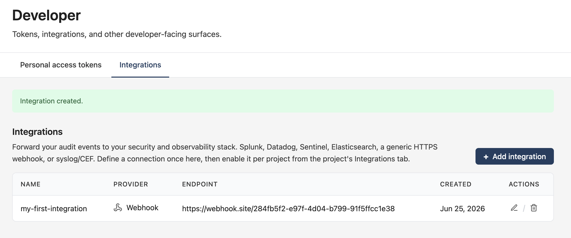 Integrations registry with one connection created