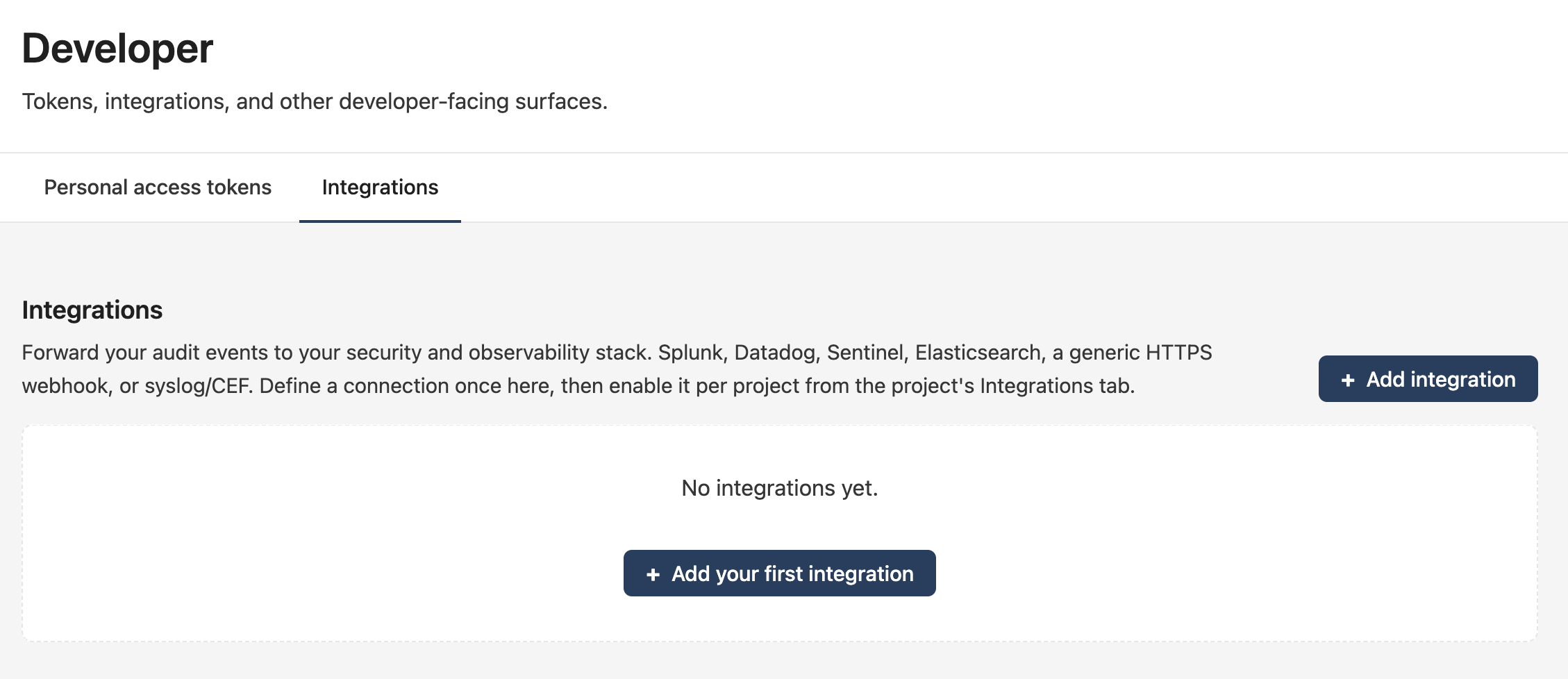 Developer settings, Integrations tab, empty state