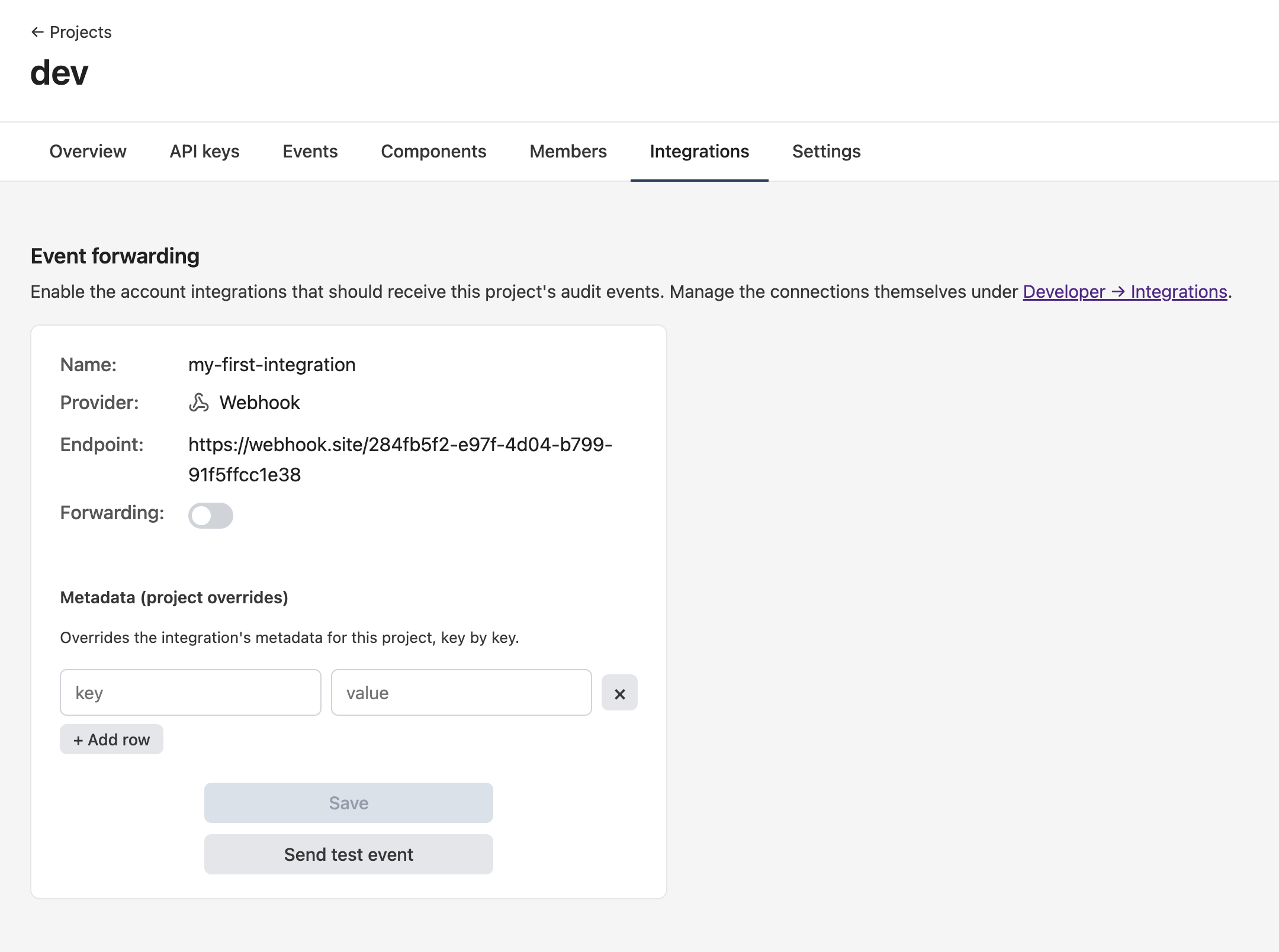 Project Integrations tab with a forwarding toggle