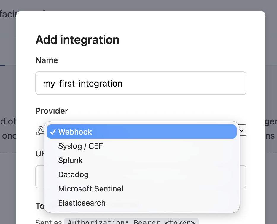 Add integration modal with the provider dropdown open